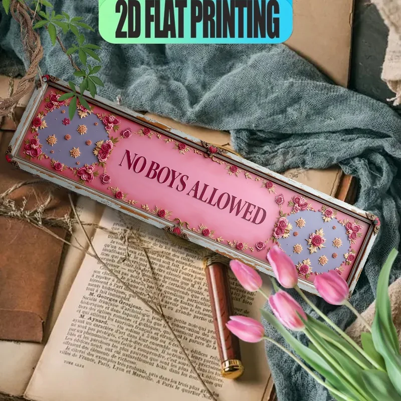 Tin Sign No Boys Allowed 2D Flat Printing Pink Floral Rose Themed Vintage Metal Wall Decor for Girls Bedroom Nursery Playroom Re