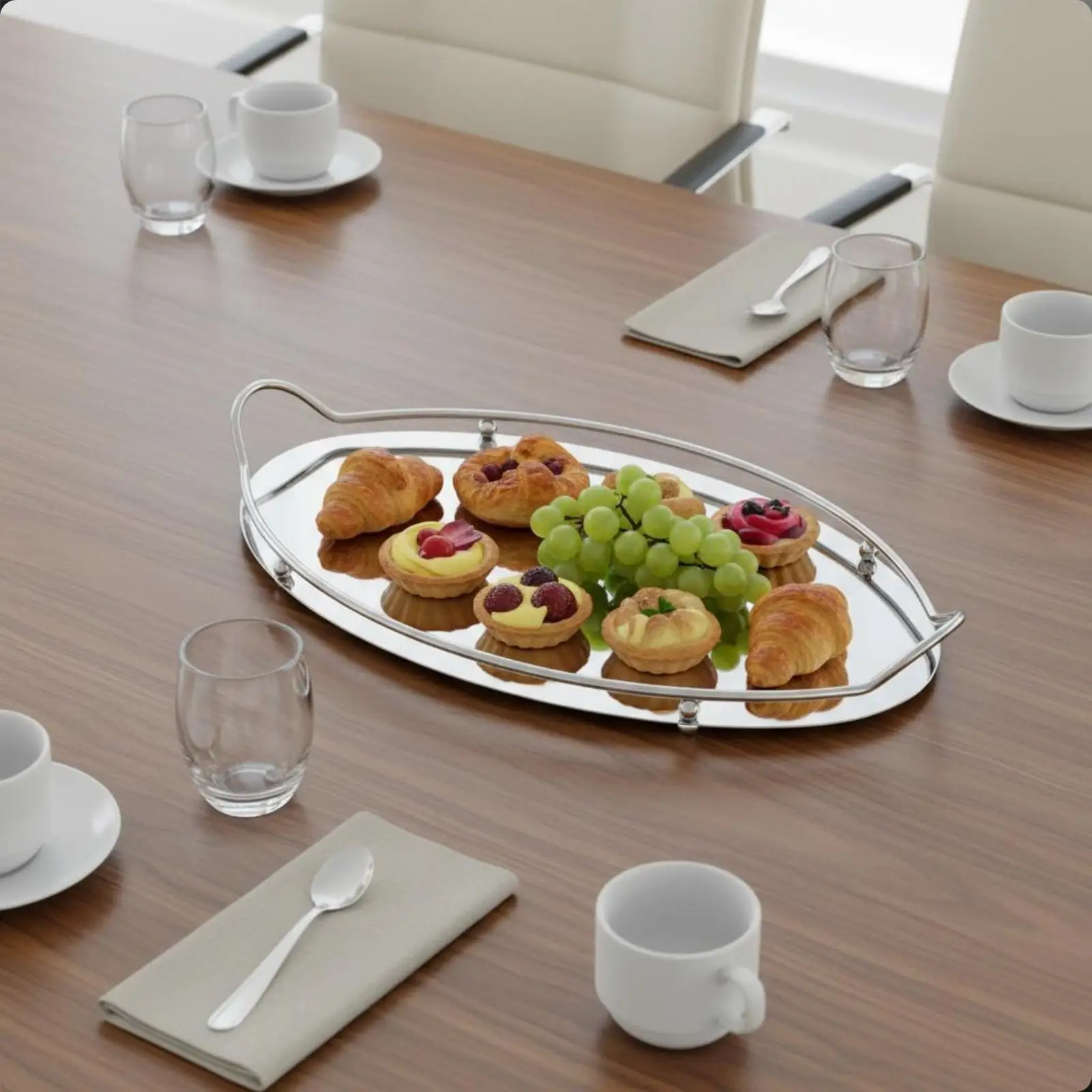 Mirror Finish Stainless Steel Tray Elliptical Handle Tray Serving Luxury Platter for Office Party Use