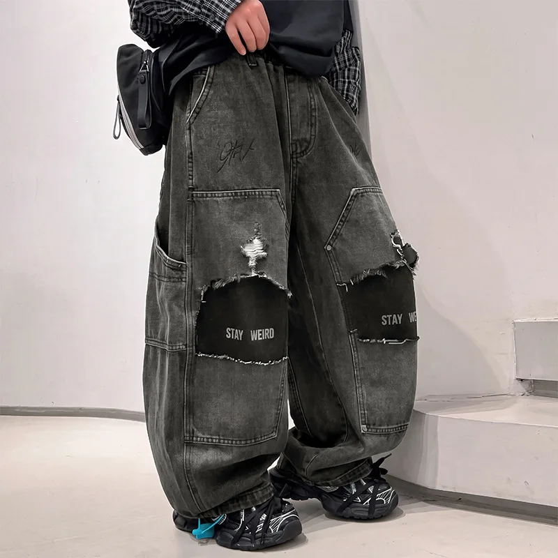 Korean Style Kids Fashion Ripped Jeans with Patches for Tween Boys Street Denim Pants Children Trend Baggy Hiphop Dance Trousers