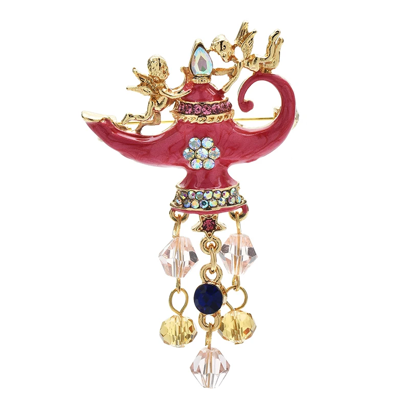 

Wuli&baby Magic Aladdin's Lamp Brooches For Women Unisex Beautiful Enamel Crystal Tassel Lamp Tea-pot Casual Party Brooch Pins