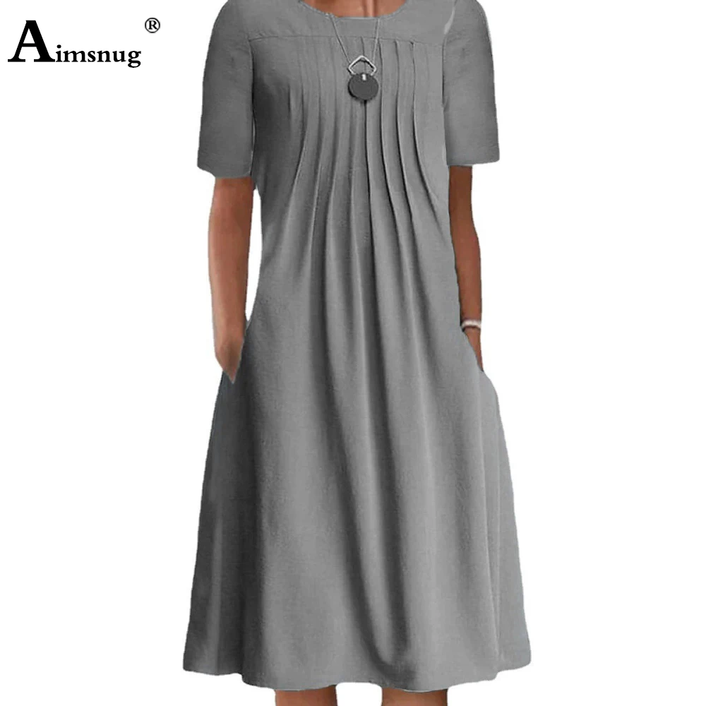 Aimsnug Oversized 3xl Women Knee-Length Dress Ladies Short Sleeve Flower Print Bohemian Dresses Casual Pocket A-line Party Dress