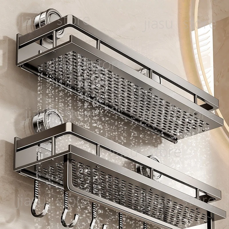 

No Drill Suction Cup Bathroom Rack, Space Aluminum Wall Mounted Shelf Toilet Storage Organizer
