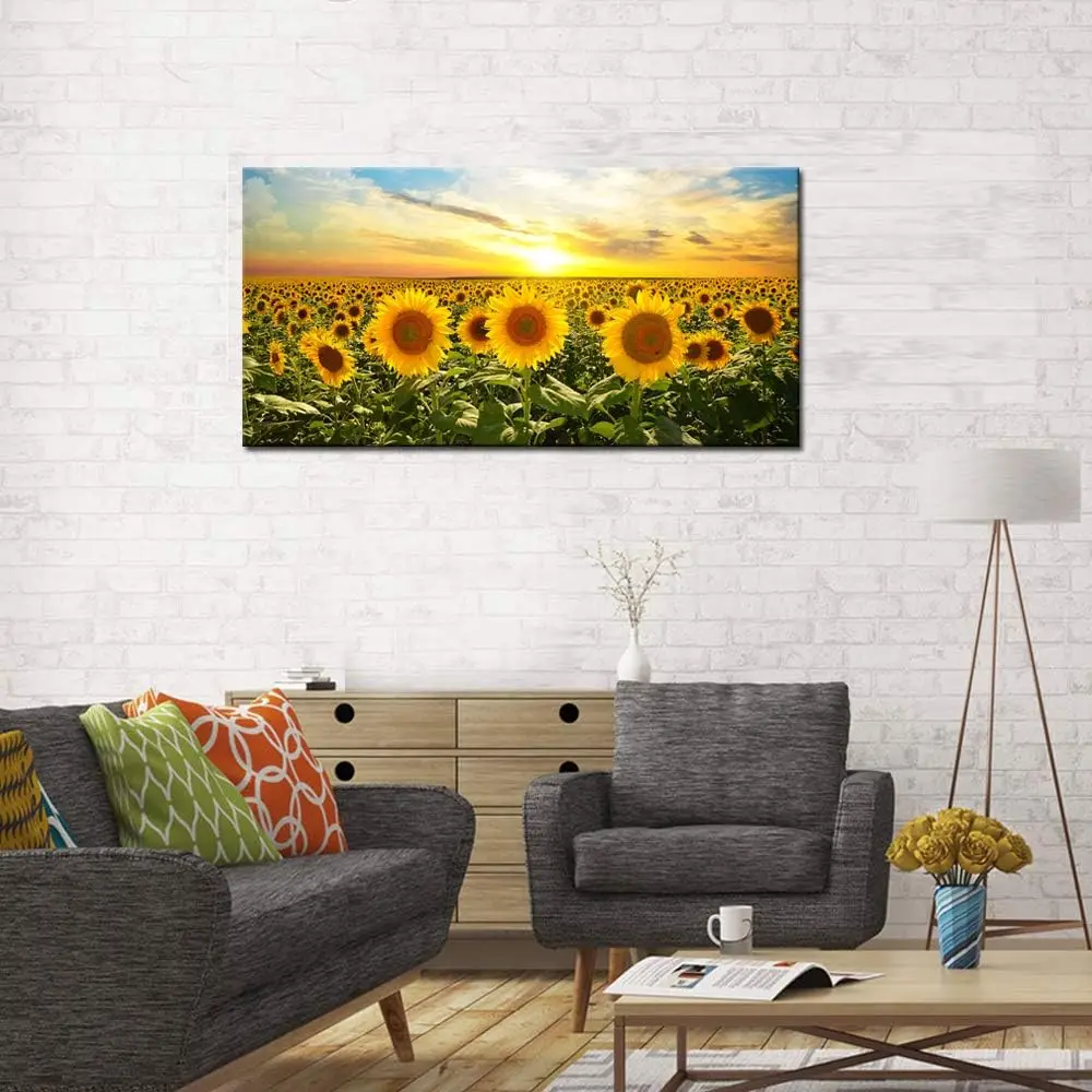 teawal Sunflower Canvas Print Wall Art Sunset Landscape Pictures Flower Field Artwork Modern Painting For Home Kitchen