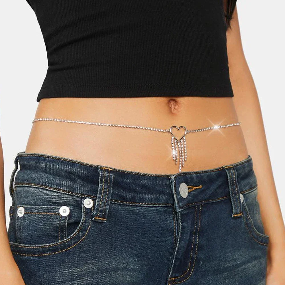 Strass Coração Barriga Cadeia Cintura para Mulheres, Moda Borla Oca, Acessórios Cinto, Bling Body Jewelry, Bikini