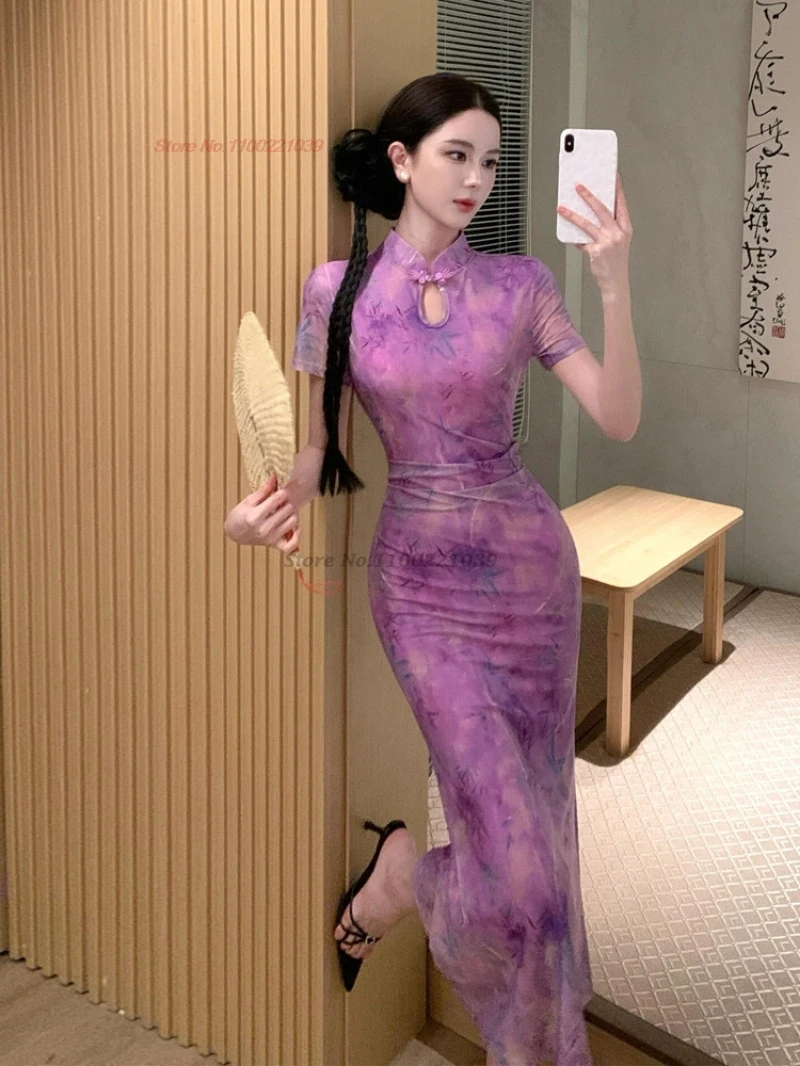 

2026 chinese sexy dress sleeveless cheongsam traditional flower print mesh qipao nightclub banquet evening dress qipao vestido