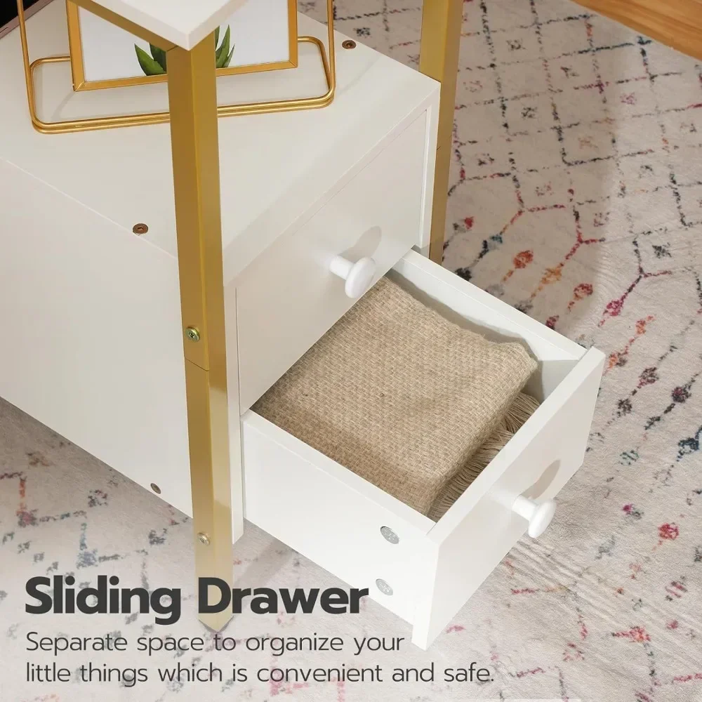 End Table with Charging Station, Narrow Side Table with 2 Drawer & USB Ports & Power Outlets, Nightstand for Small Spaces