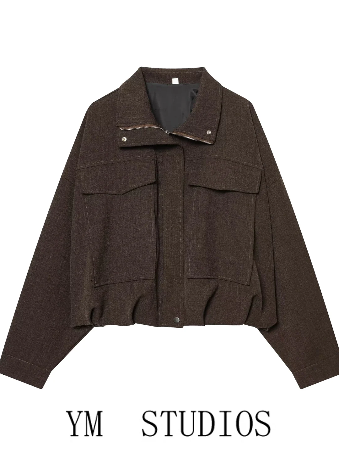 Loose Women's Pilot Jacket Short Style Double Pocket Stand Collar Autumn Outerwear Fashionable Casual Polyester Fiber