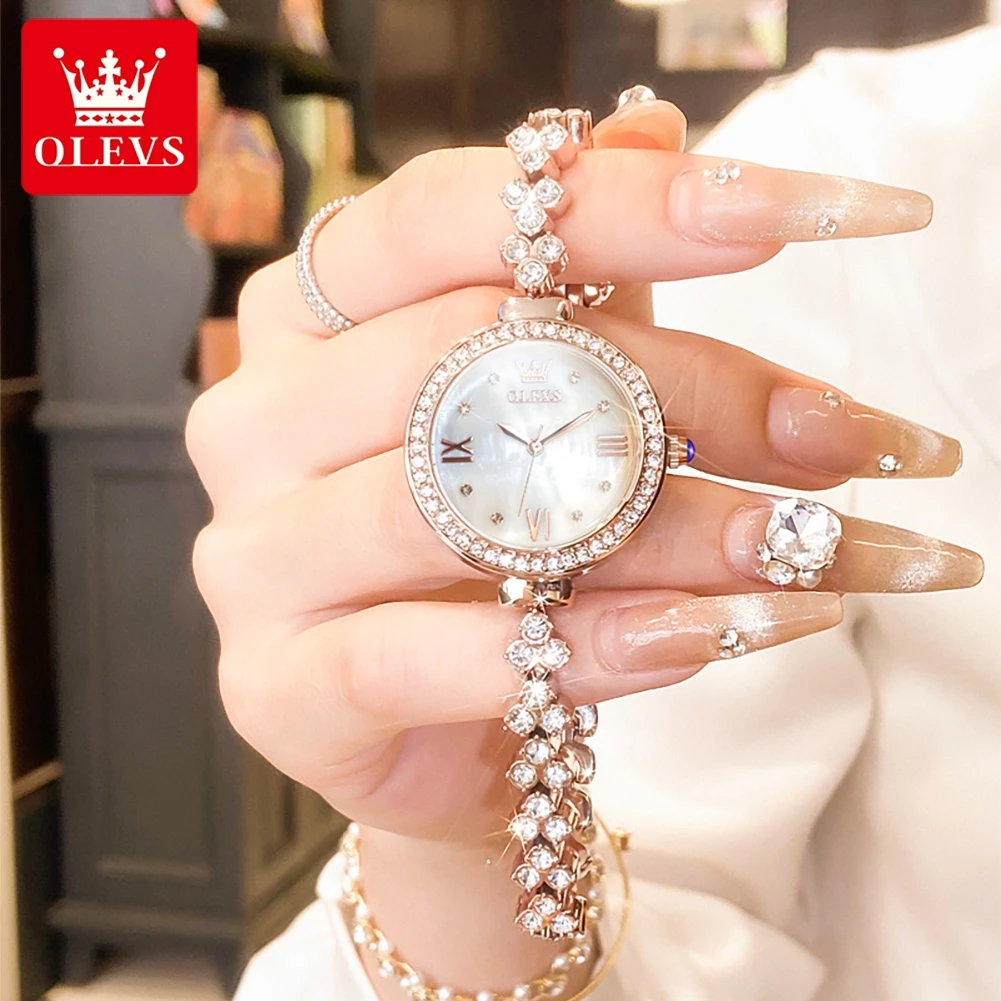 OLEVS jam tangan kuarsa wanita, arloji 9903 elegan modis tahan air, jam tangan gelang bercahaya berlian Bezel Reloj