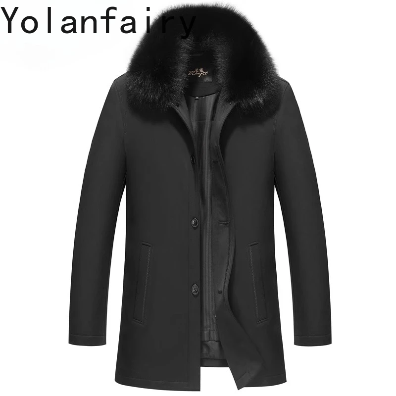 เสื้อโค้ทขนสัตว์แท้ YOLANFAIRY สำหรับผู้ชาย ฤดูหนาว บุด้วยขนกระต่ายแท้ อุ่นสบาย ความยาวปานกลาง สีดำ พร้อมปกขนสุนัขจิ้งจอก