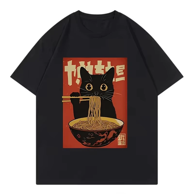 Funny Cat Eat Ramen Print T-shirt for Men Summer Casual Fashion Harajuku Japan Style Tops Cotton O-Neck Short Sleeve Tees