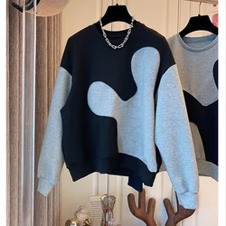 Autumn Winter Casual All-match Spliced Long Sleeve Sweatshirts Women's Clothing Loose Fashion Thick Round Neck Tops for Female