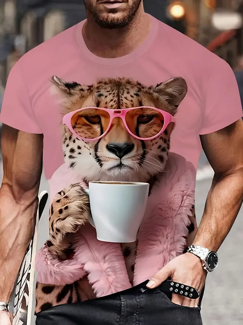 3D Digital Print Men's Stylish Leopard Pattern T-Shirt New In Short Sleeve Crew Neck Tshirts Tops Casual Men's Animal Tee Shirt