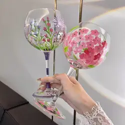 1 Piece Hand Painted Glass Goblet Cup Creative Red Wine Glasses Whisky Cup Flower Painted Stemware for Wedding Party Events