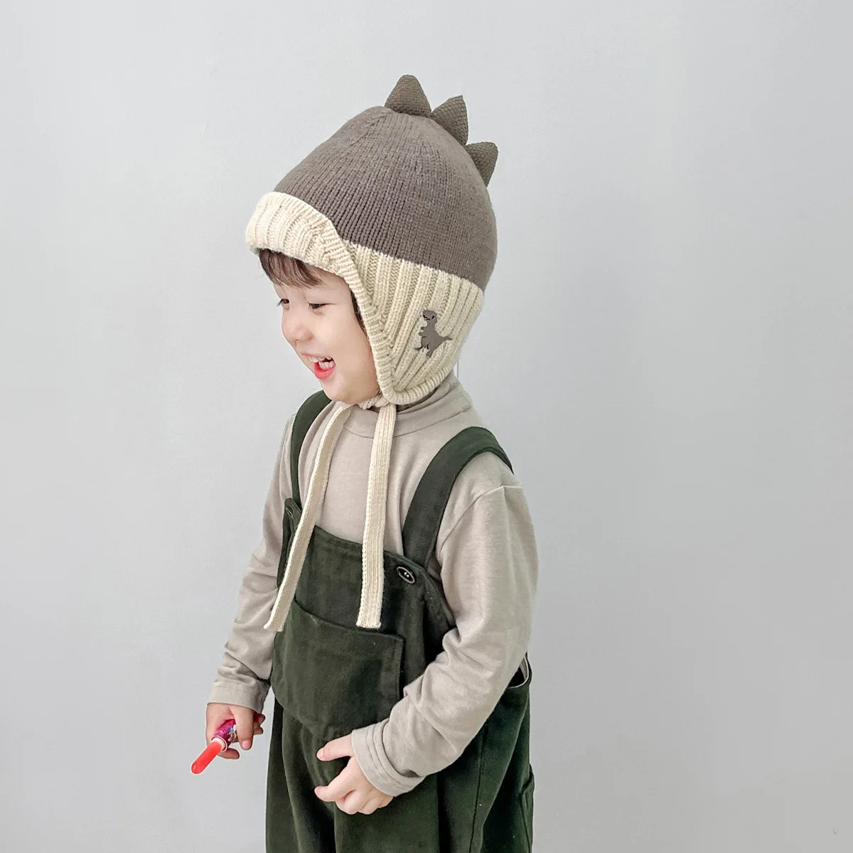 

Cute Dinosaur Ear Protection Hat for Baby Knit Pullover Cap Winter Warm Kids Woolen Bonnet 2-6Year Boy Girl Liner Velvet Beanie