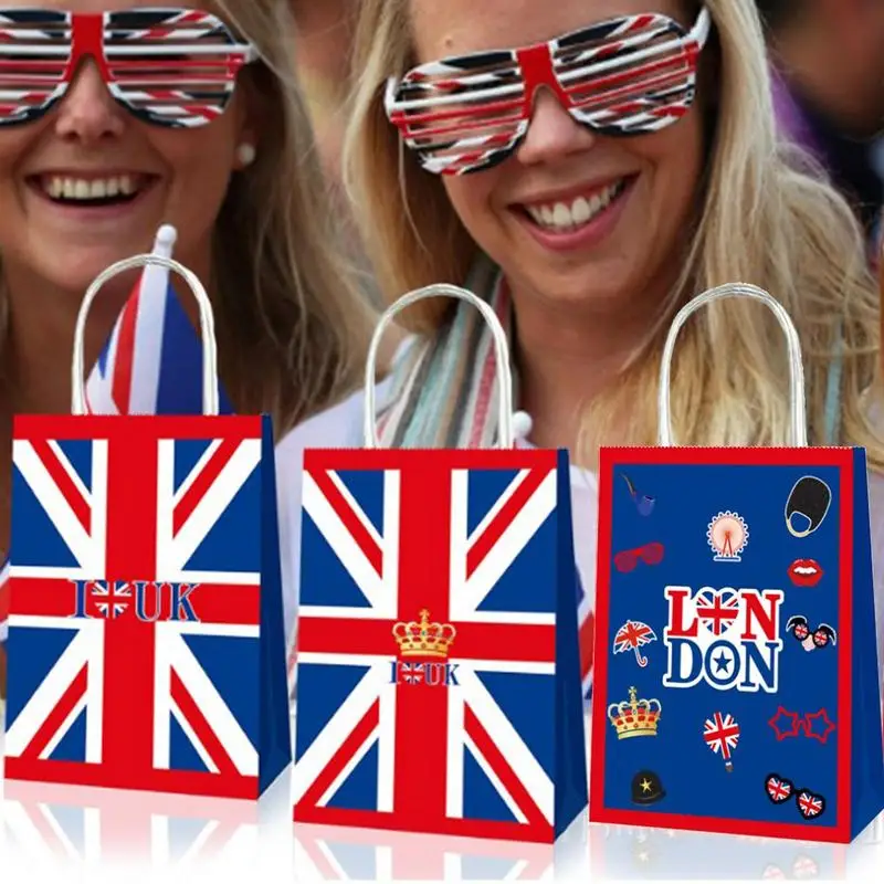 12 Pcs British Flag Paper Shopping Bag Ladies Hand Bag England Foldable Shopping Bags For Cakes Bread Party Favor