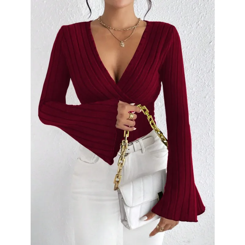 Fashion Women Europe and The United States V-neck Flared Long Sleeve Wine Red T-shirt Spring and Winter Slim-fit Base Shirt Top