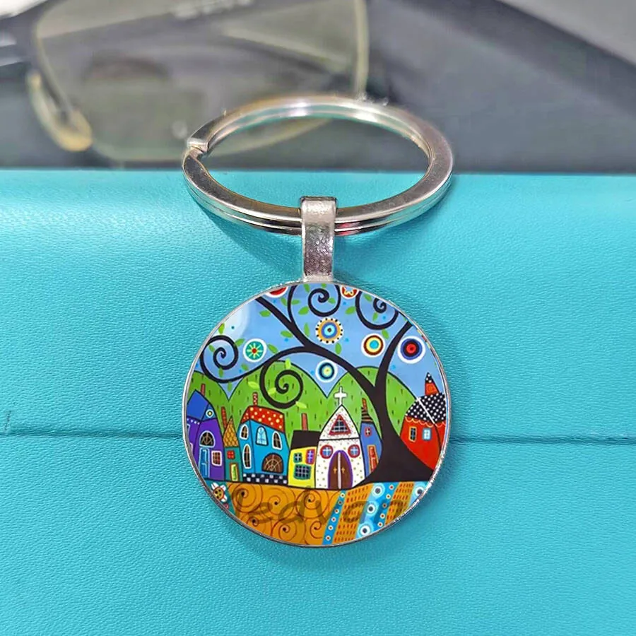 Stylish Fantasy Beautiful House Keychain Abstract Starry Sky Cabin Keychain Personalized New Home Gift Keyrings