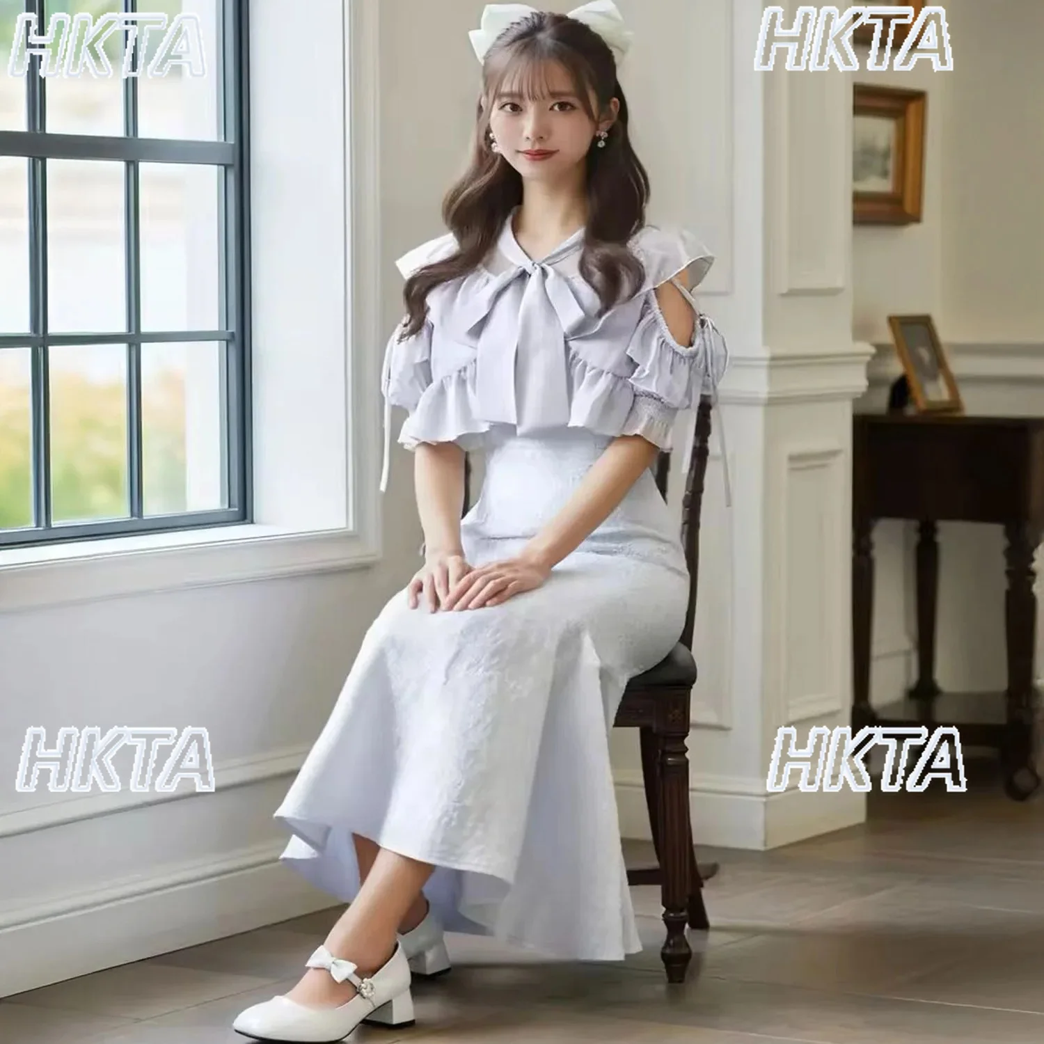 Japanese 2026 Spring Jacquard Sweet Ruffle Bow Strap Black Tops Elegant Commuter Slim Long Fishtail Dress Two Piecse Sets Women