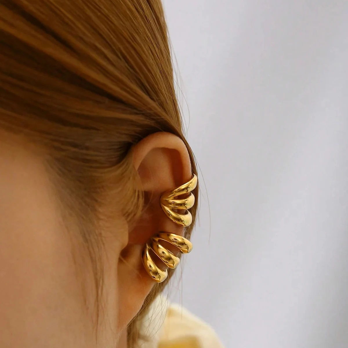 1 زوج من سبائك الذهب اللون المرأة بسيطة ومتعددة الاستخدامات ثلاث طبقات الأذن كليب غير مثقوب الراقية المتخصصة الأقراط #4