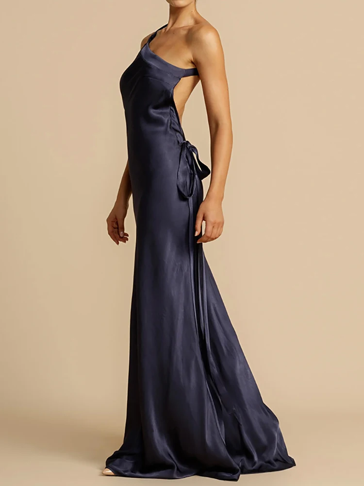 2024 Summer Women Solid Patchwork Maxi Dress, Loungewear Sleeveless Skew Collar Party Dress, New Backless Fashion Ladies Dress
