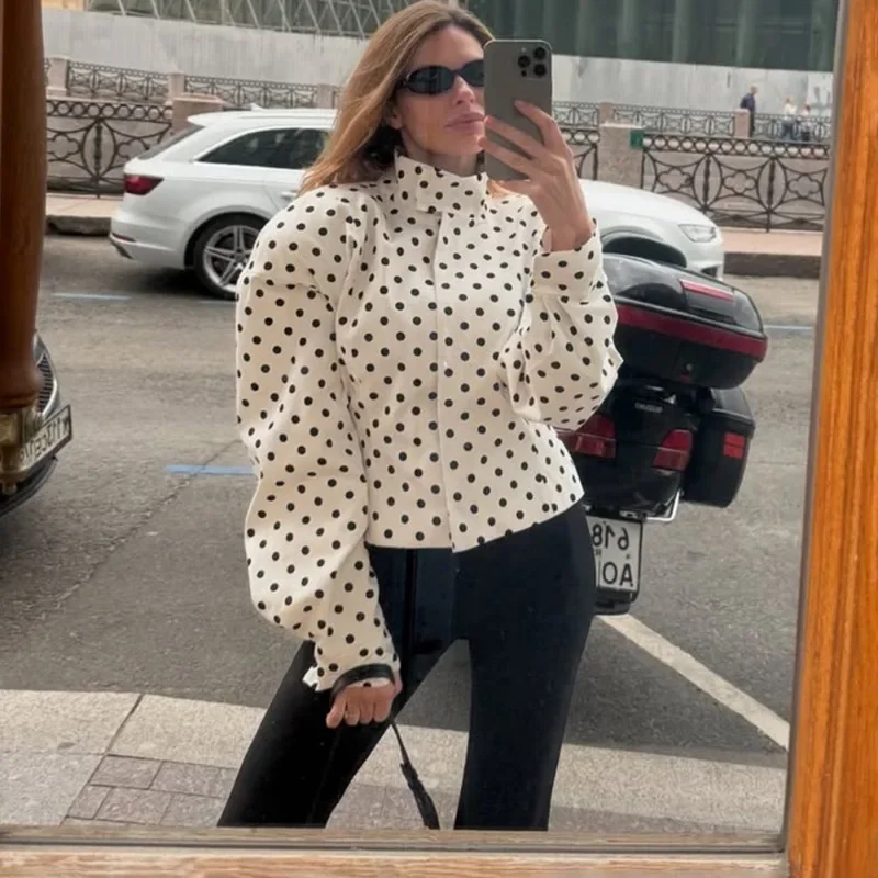 

Talenza White Polka Dot Jacket Fashion Contrast Long Sleeve Loose Casual Jacket Tops Elegant Office Lady Women's Tailored Coat