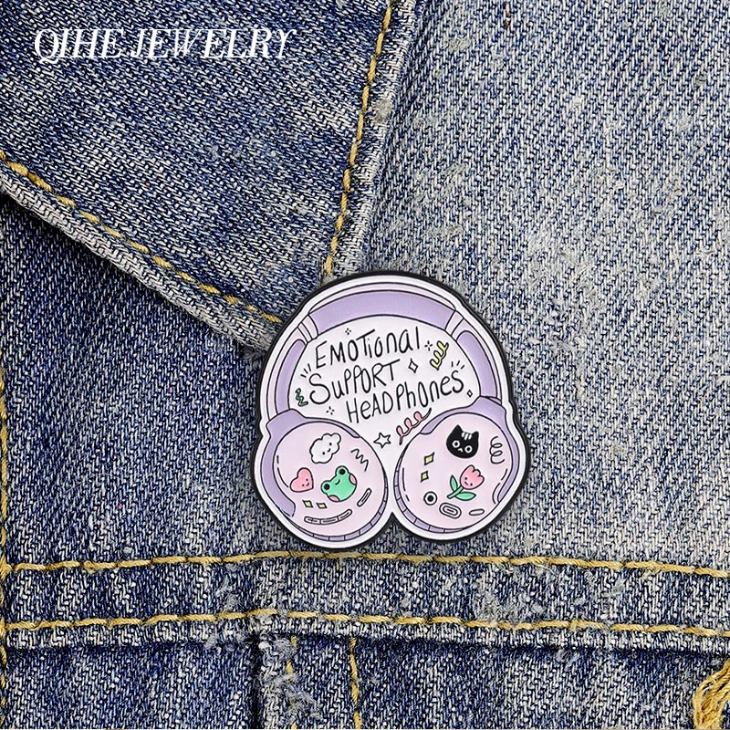 Emotional Support Headphones Enamel Pins Cute Healing Frog Cat Tulips Headphone Brooches Decor Backpack Lapel Badge Jewelry Gift