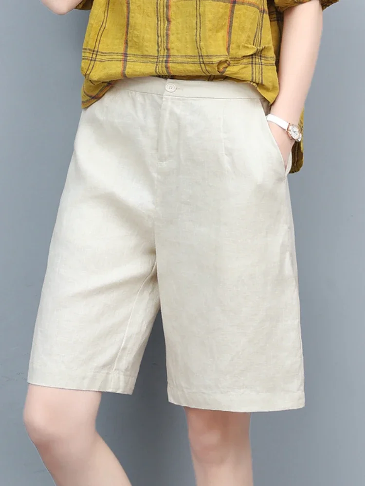 High Waist COTTON Linen Women\'s Shorts Loose Casual Solid Women\'s Summer Shorts Basic Black Coffee Semi-elasticated Waist Shorts