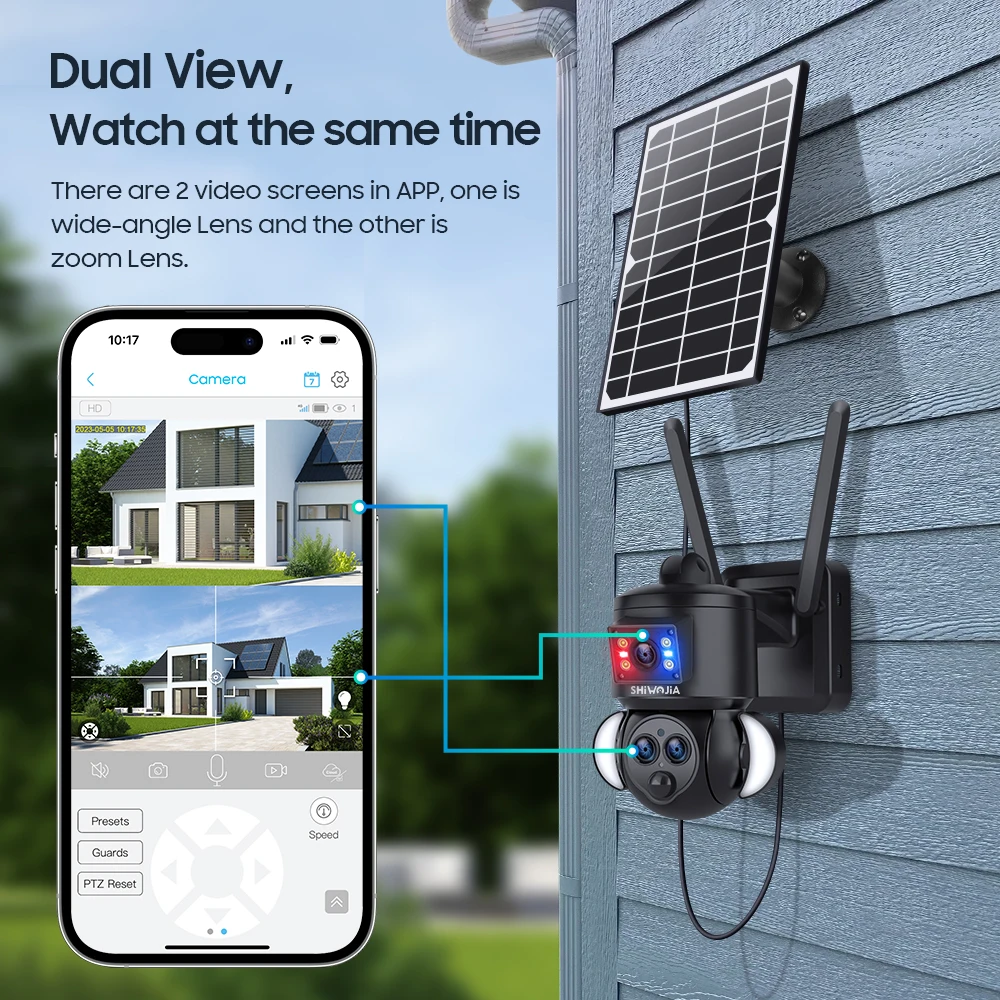 SHIWOJIA 6K 12MP 15X Zoom Solar Camera 4G SIM Security Outdoor 3Lens Dual Screen Recording Humanoid Tracking Color Night Vision