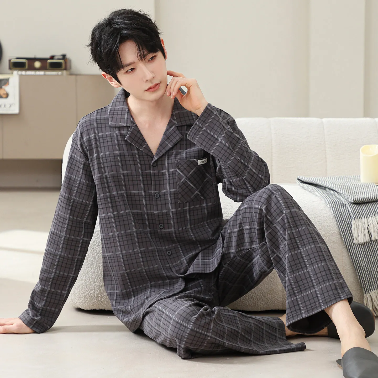 2026 Autumn Men's Pajamas Long Sleeve 100% Pure Cotton Turn-down Collar Cardigan Casual Printed Relaxed Simple Home Wear Set