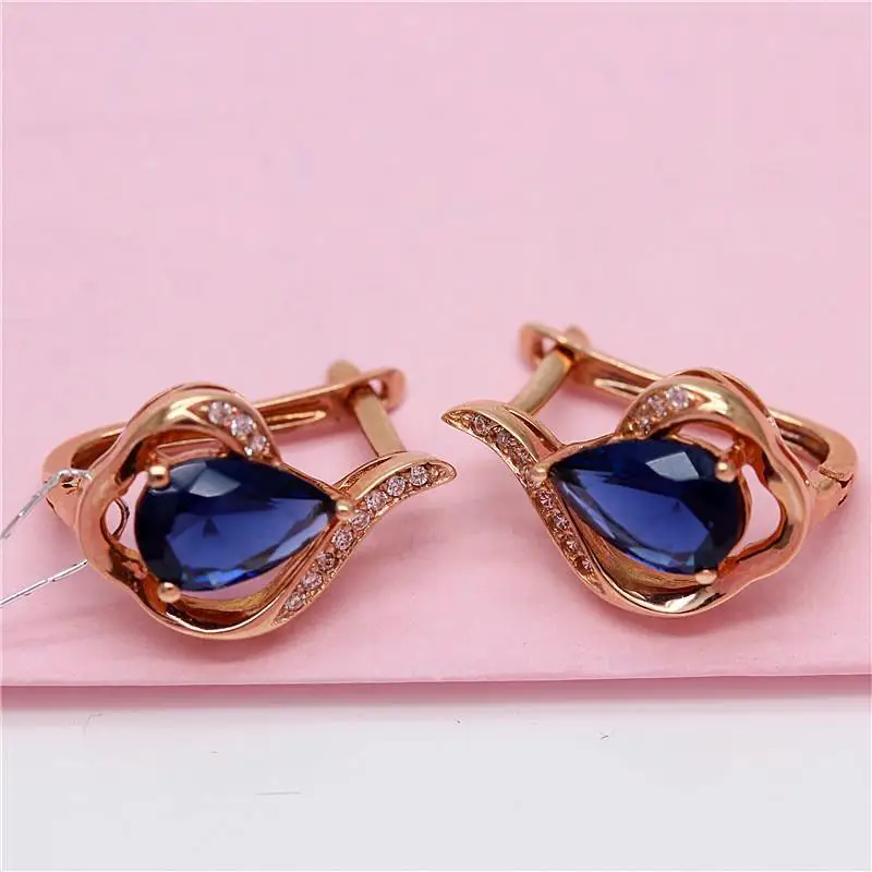 

585 Purple Gold Inlaid Blue Gem Water Drop Earrings for women Fashion Plated 14K Rose Gold Elegant charm Earings Jewelry