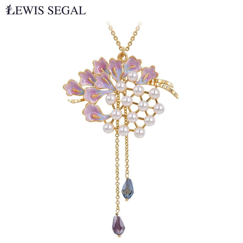 

LEWIS SEGAL Fancy Large Purple Flower Necklace Pendant Natural Style 18K Gold Hand-painted Enamel Fine Jewelry Women Girls