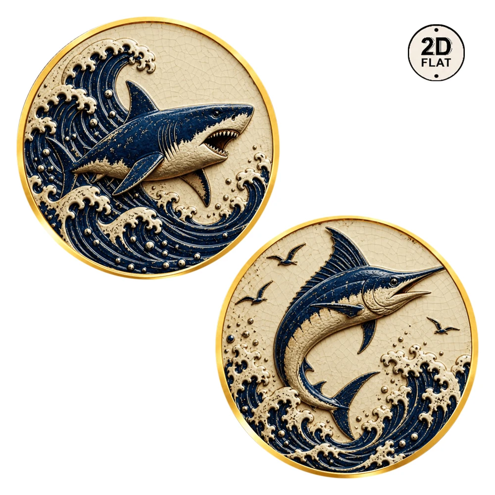 1pc Great White Shark & Back Blue Marlin Collectible Coin 2D Print Ocean Predator Challenge Coin Souvenir Gift for Sea Lovers
