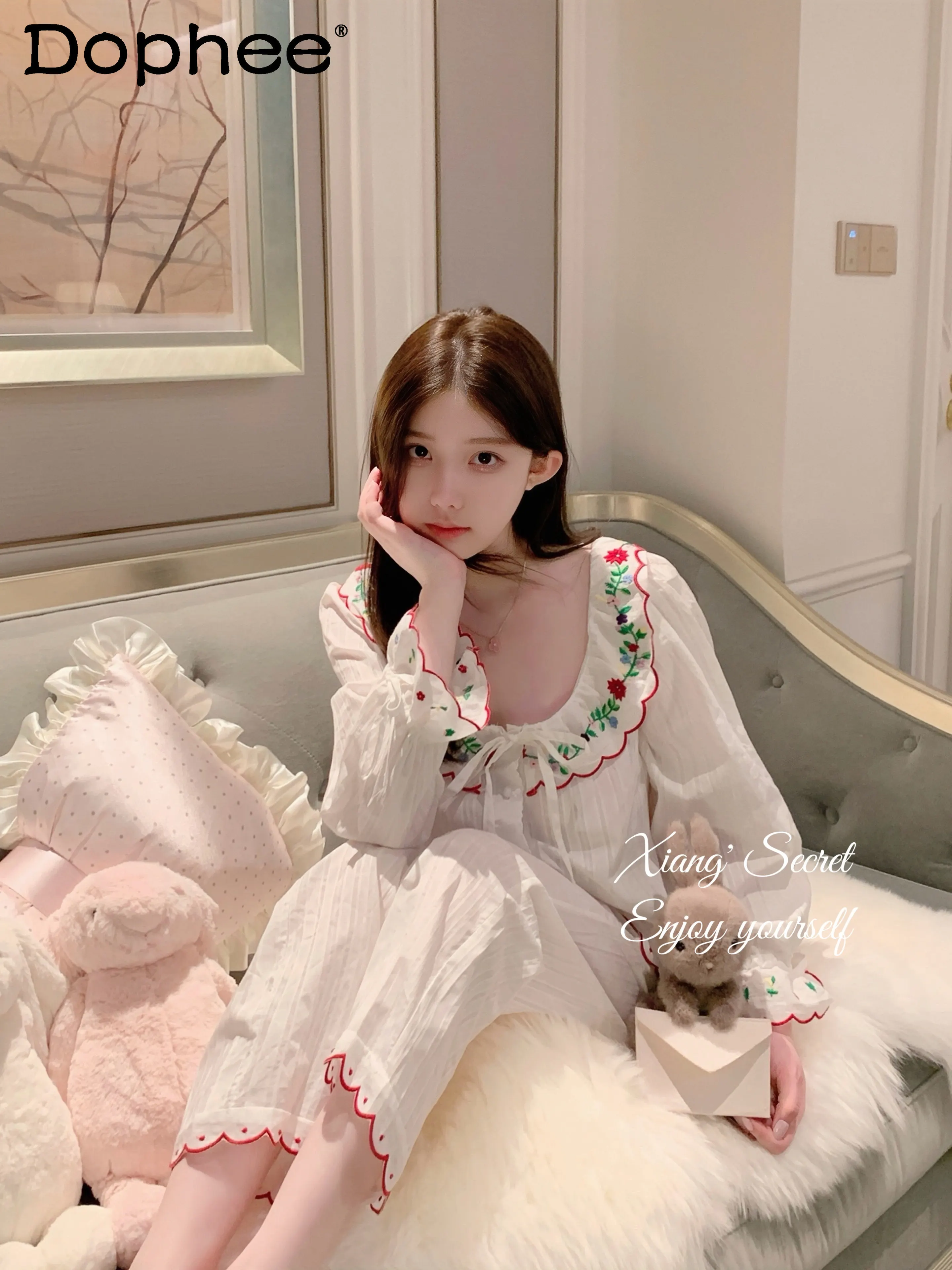 

Japanese Girl Sweet and Cute Long-sleeved Loungewear Doll Collar Embroidery Casual Skin-friendly and Comfortable Pajama Set