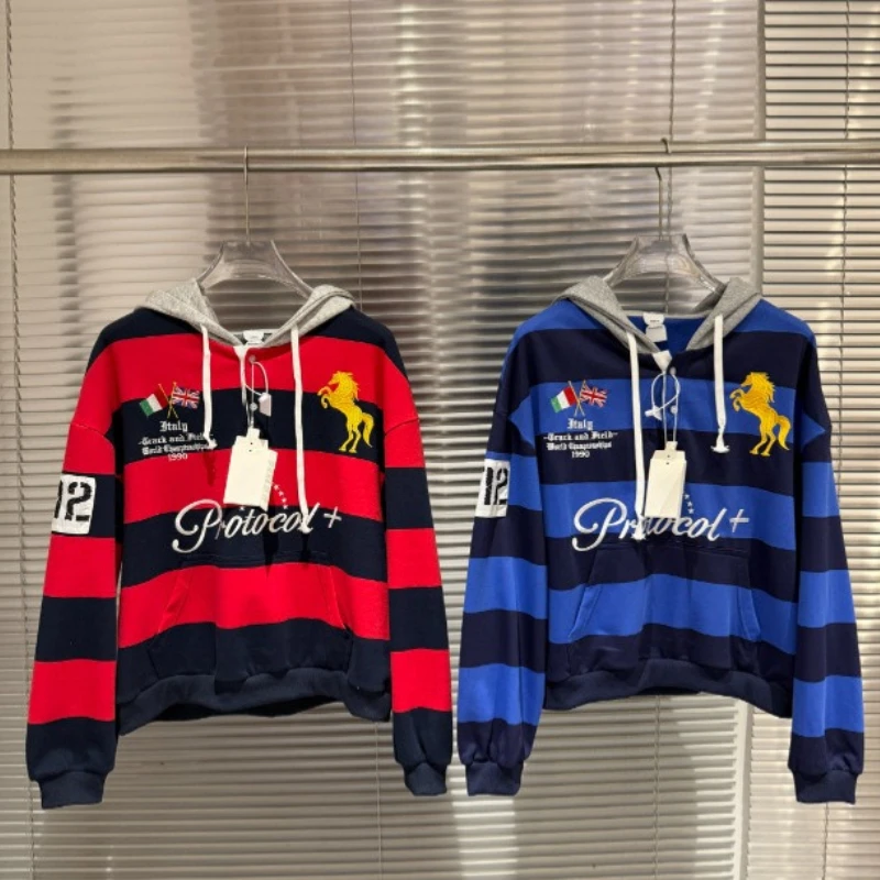 

Protocol index Retro Stripes Patchwork Slogan Warhorse Buckle Hoodie Sweater Men's/Women's