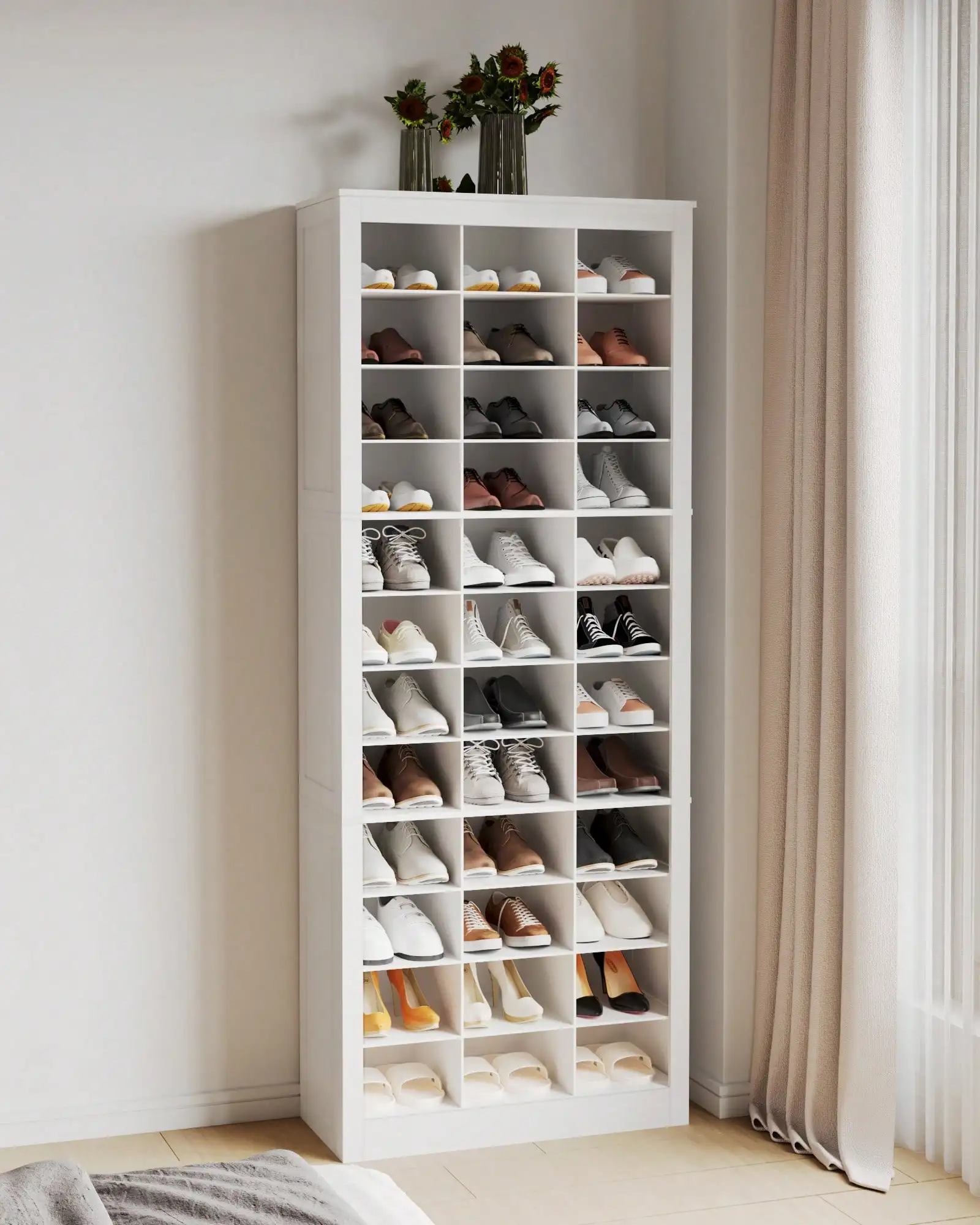HaluPeit Shoe Storage Cabinet, 36/45 Pairs Free Standing Closet Organizer, 8.8/9 Inch Widened Cell Wood Shoe Organizer, 12/15 Tiers Vertical Space Saving Shoe Rack For Entryway, Bedroom, White