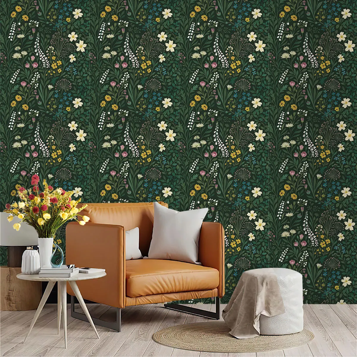PVC self-adhesive black bottom colorful flower and plant pattern cyclic wallpaper for wall decoration and concealing flaws