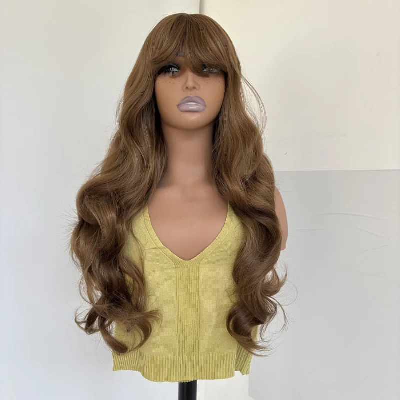 

Brown Soft Long Wavy Women Cosplay Party Wig With Bangs Heat Resistant Hair