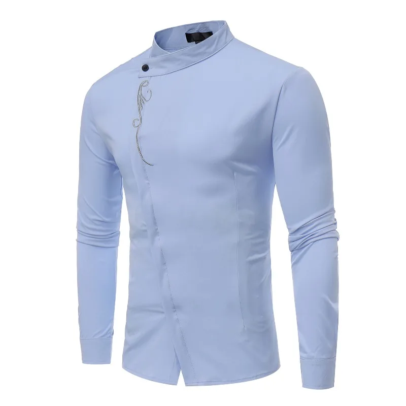 Autumn new fashion oblique placket embroidered decorative men's solid color single-breasted long-sleeved stand-up collar shirt