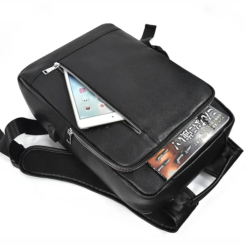 Mochila de couro preto para homens, mala de viagem vaca real, mochila escolar, bolsa masculina para laptop, mochilas USB 15.6"