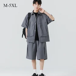 Men's Shirts Cargo Shorts Sets with Pocket Summer Solid Casual Tracksuit Button Single Breasted Short Sleeve Seersucker Street