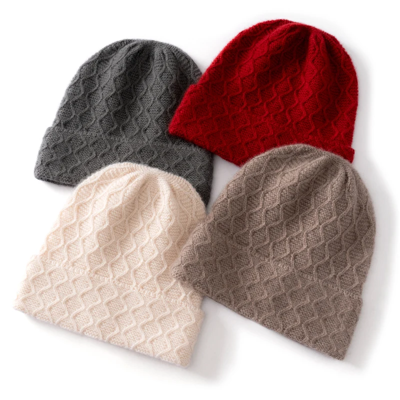 2025 Autumn Winter New 100% Cashmere Knitted Hat Wave Pattern Versatile Solid Color Comfortable Warm Ear Protection Hat
