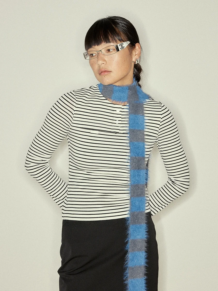 

Long Sleeve T-Shirt Silk Wool round Neck Slim Fit Striped Top Women's Premium Fashion Daily Wear Button Splice APE KISS