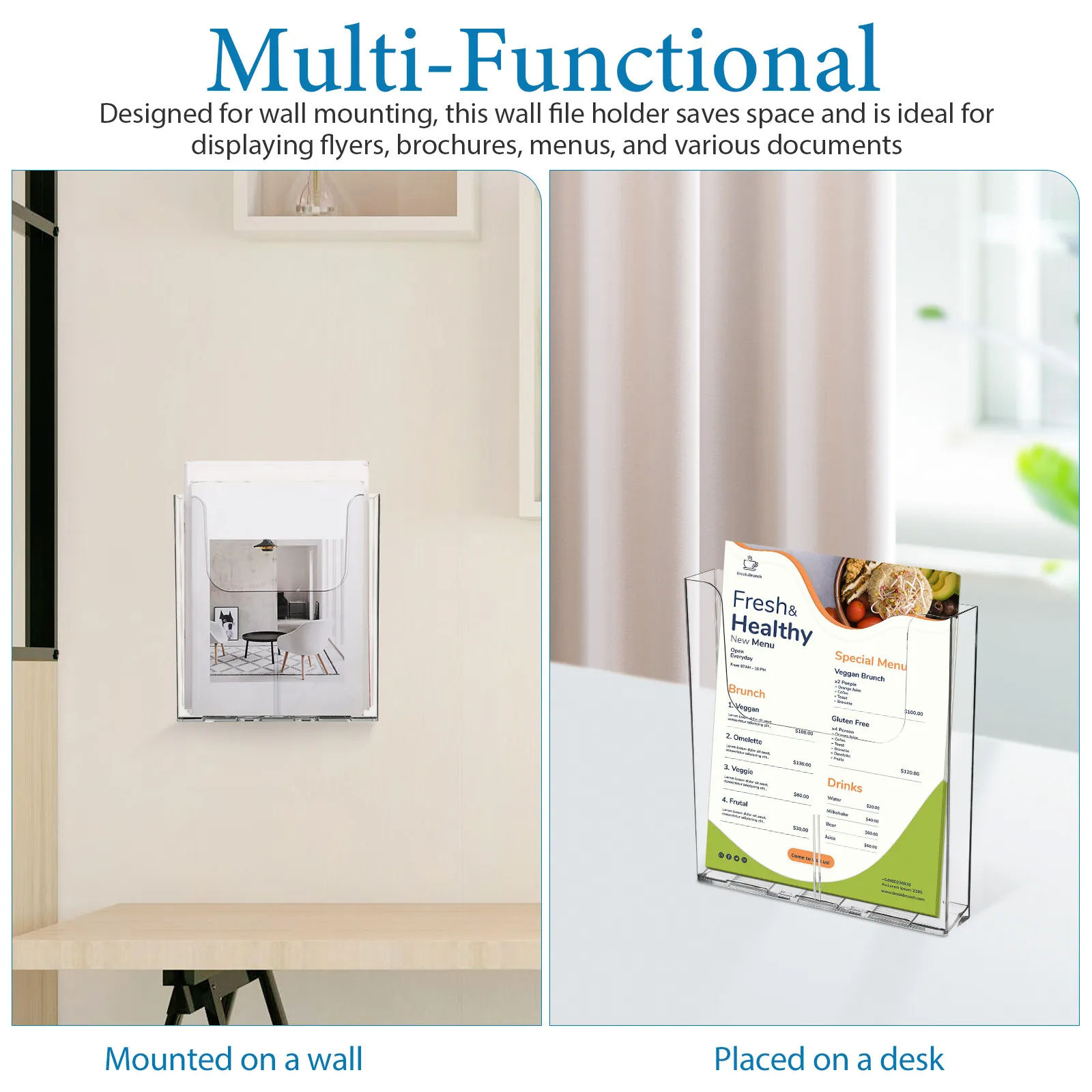 2Pcs Acrylic Wall Mounted File Organizer Transparent Flyer Holder Magazine Rack Folder Holder Wall Storage Organizer Office Mall