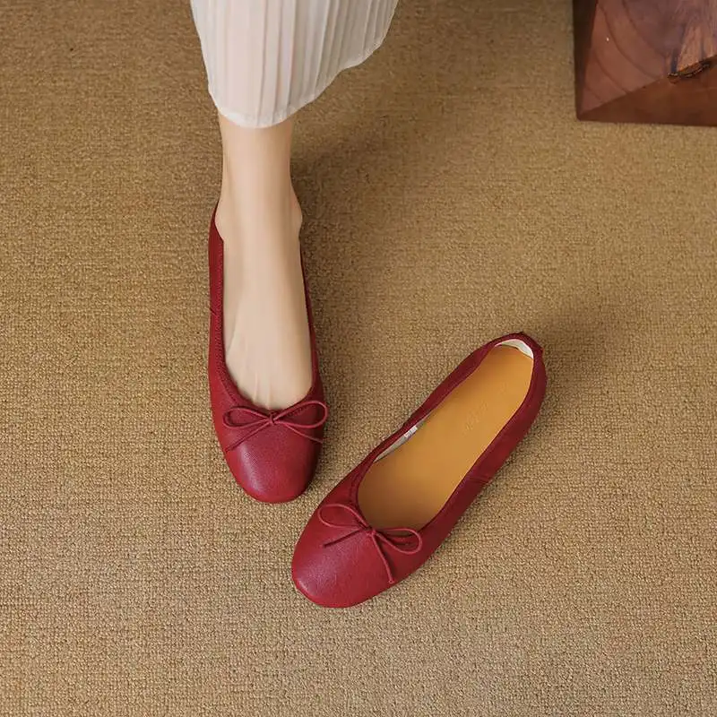 Hot Sale Suede Sheepskin Round Toe Brand Spring Mary Janes Fashion Elegant Butterfly-knot Shoes Casual Ballet Dancer Women Flats
