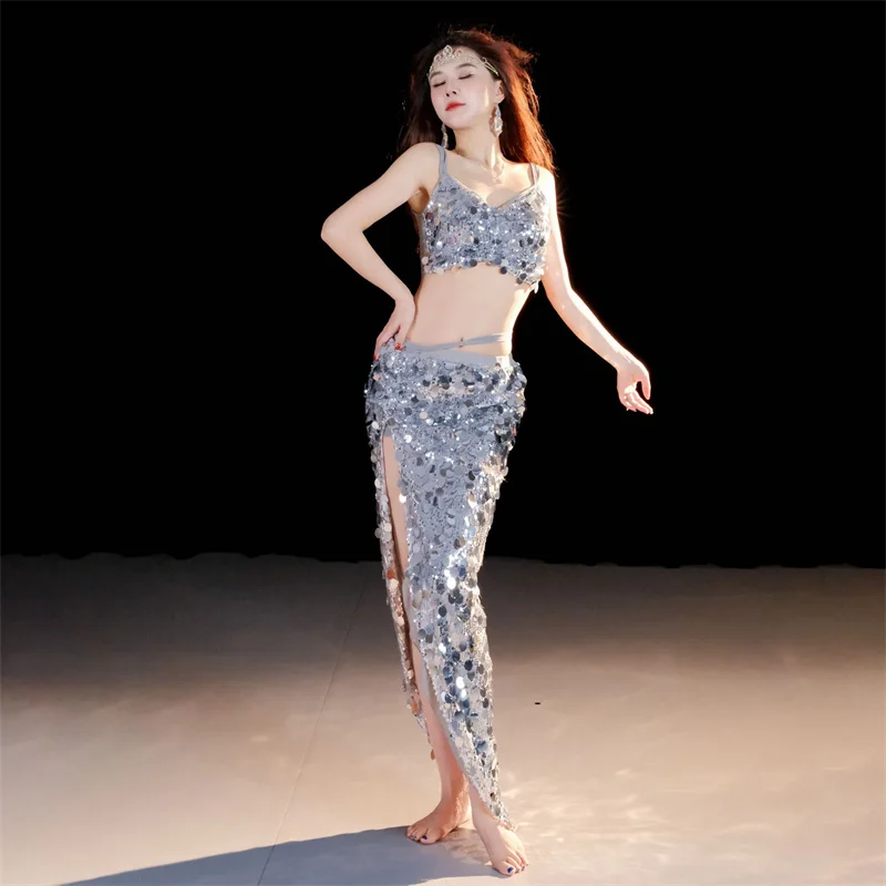 Spódnica Bellydance Mermaid Seksowny cekinowy biustonosz Top Side Split Kostium tancerza Solo Drum Strój konkursowy Ubrania sceniczne