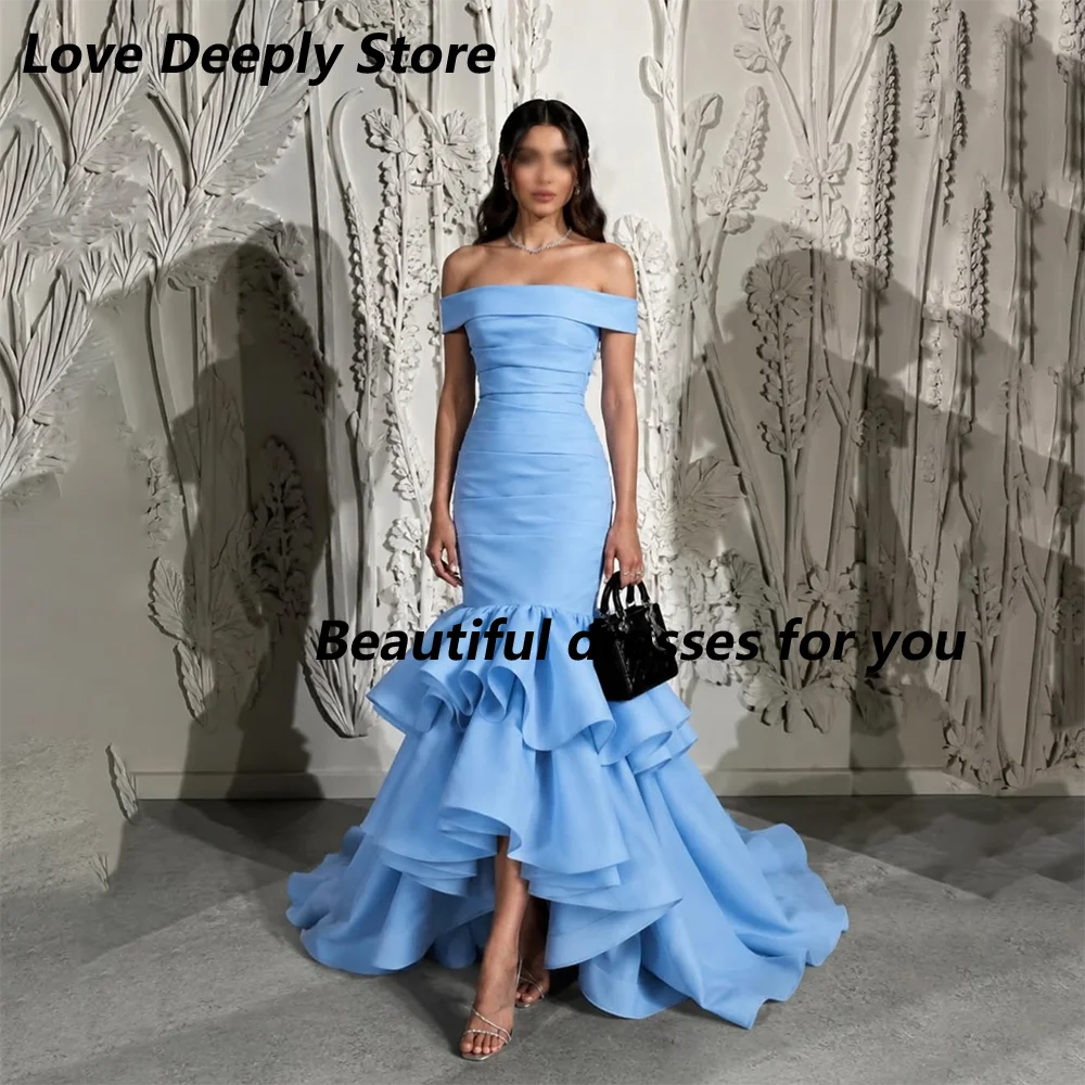 Light Blue Off The Shoulder Prom Dresses Customized Boat Neck Mermaid Pleat Tiered Floor Length Party Gown Wedding Party Dress