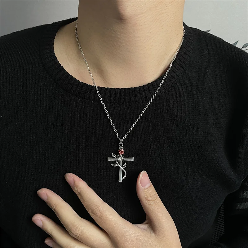 Aesthetic Rose Flower Cross Pendant Necklace Bridal Neck Accessories for Wedding Newly Design Exquisite Women Jewelry New