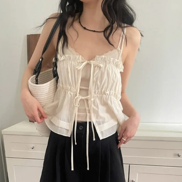 

Korean Style Women's Sweet Floral Chiffon Top Knot Sexy Strap Vest Top Front And Back Layering Summer 2025 Short Sl...