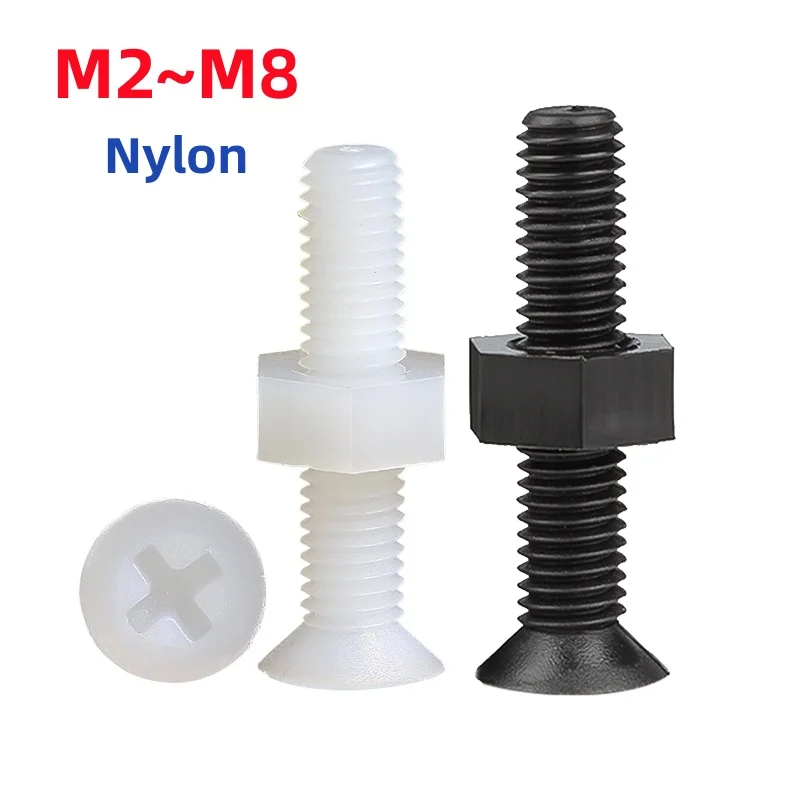 M2 M2.5 M3 M4 M5 M6 M8 Black White Nylon Countersunk Head Screws Nuts Plastic Phillips Flat Head Bolts Combination Set