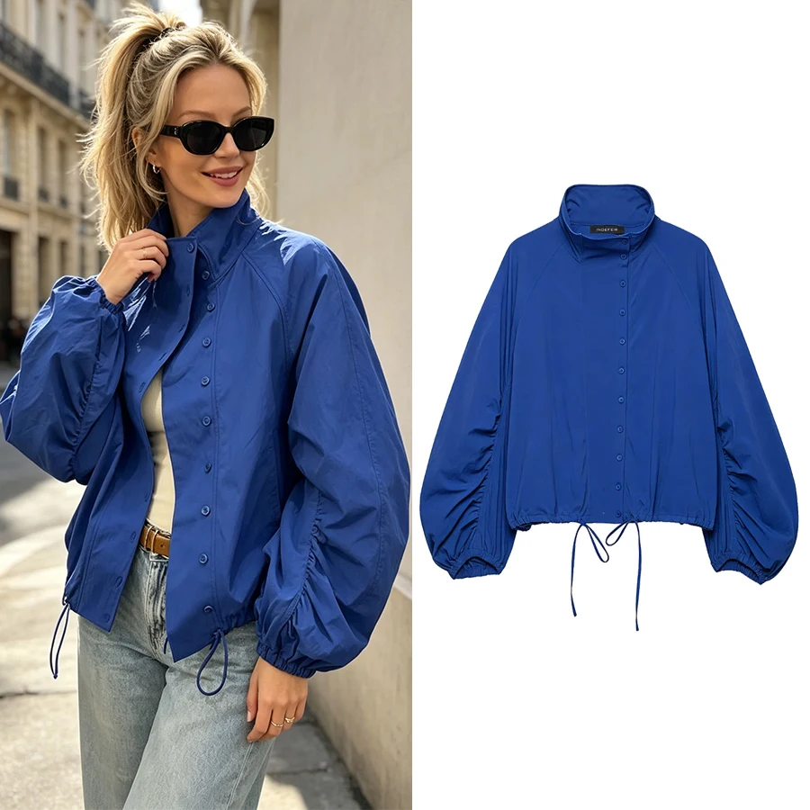 Women Vintage Blue Single Breasted Jackets Women 2026 Fall New Chic Causal Folds Sleeve Stand Collar Coats High Street Lady Top
